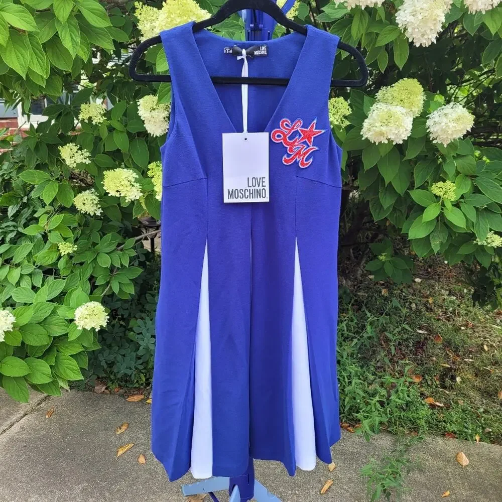 NWT Love Moschino Vneck Pleated Tank Dress Blue Sleeveless Preppy Playful size 4